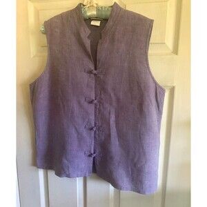 NWOT TSD 100% Linen Sleeveless Mandarin Collar Frog Tie Top Size Large